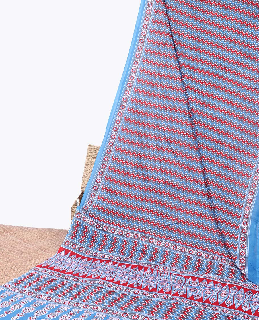 Multi-color chevron striped printed mul-mul cotton saree, floral printed border & intricate pallu