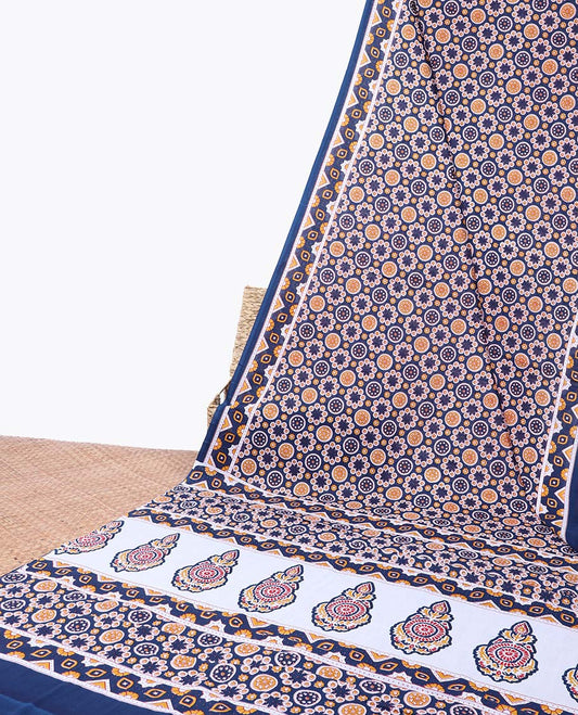 Blue flower motifs printed mul-mul cotton saree, printed border & intricate pallu