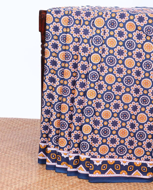 Blue flower motifs printed mul-mul cotton saree, printed border & intricate pallu