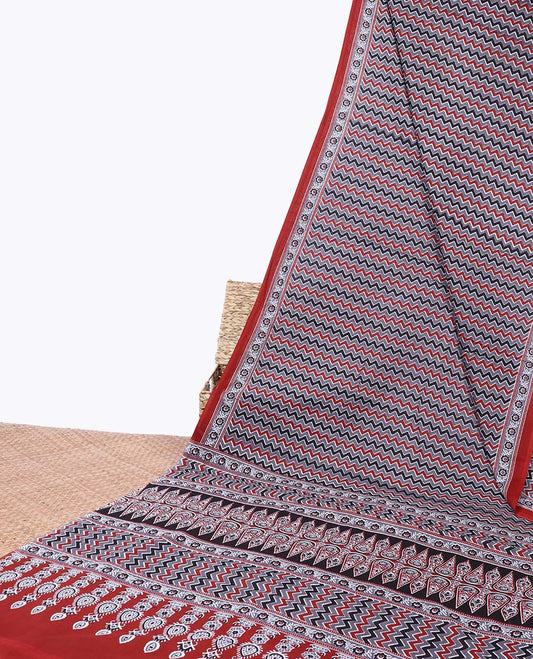 Multi-color chevron striped printed mul-mul cotton saree, floral printed border & intricate pallu