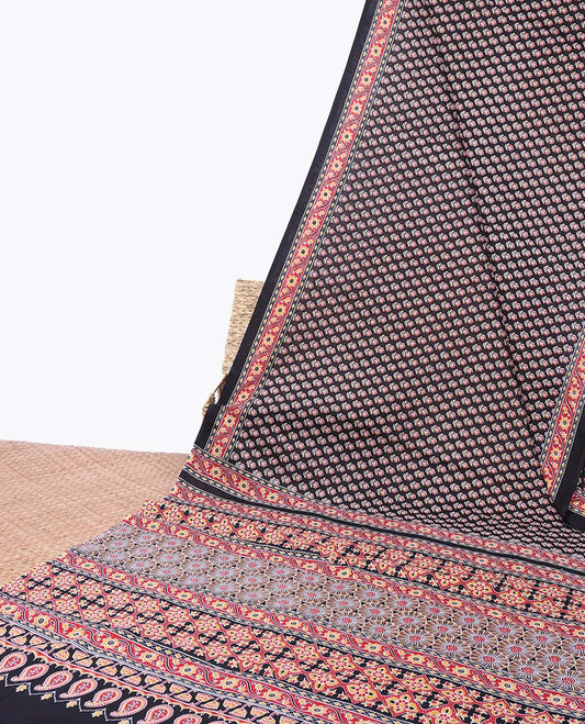 Black flower motifs printed mul-mul cotton saree, floral printed border & pallu