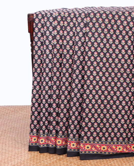 Black flower motifs printed mul-mul cotton saree, floral printed border & pallu