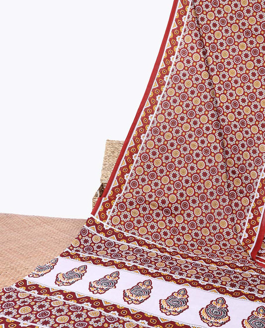 Light maroon flower motifs printed mul-mul cotton saree, printed border & intricate pallu