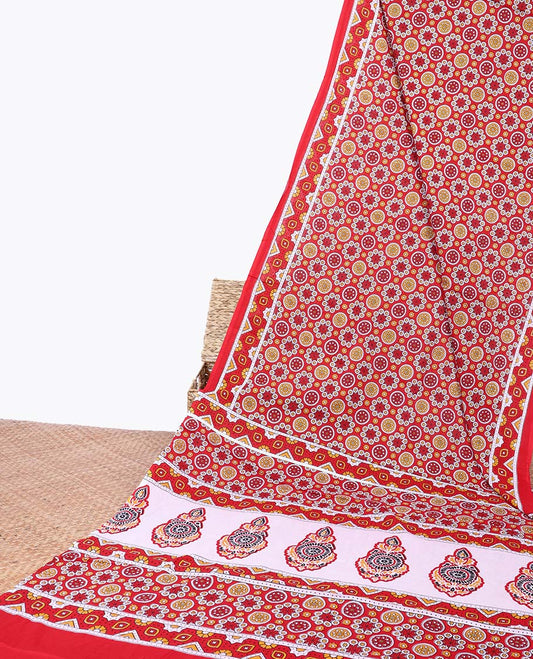 Red flower motifs printed mul-mul cotton saree, printed border & intricate pallu