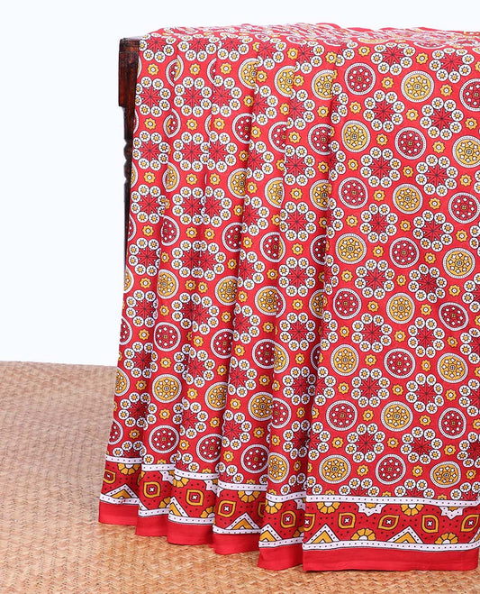 Red flower motifs printed mul-mul cotton saree, printed border & intricate pallu