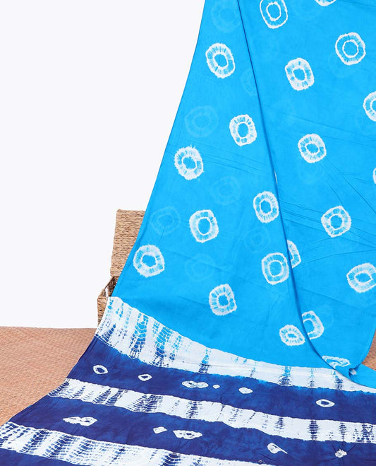Borderless blue shibori printed mul-mul cotton saree, contrast pallu of shibori print