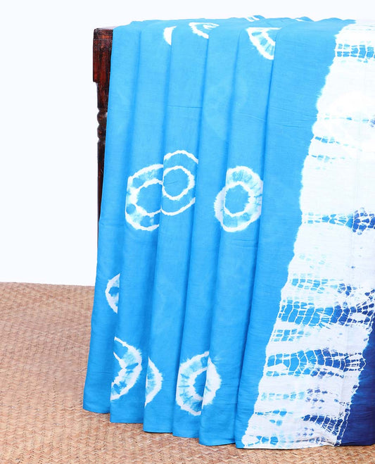 Borderless blue shibori printed mul-mul cotton saree, contrast pallu of shibori print