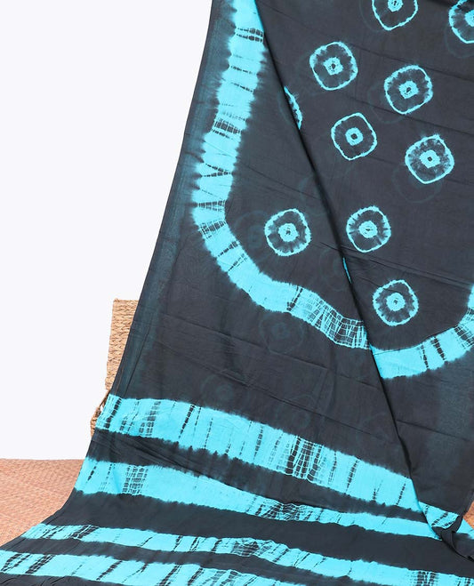 Borderless blue shibori printed mul-mul cotton saree