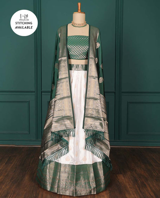 Cream zari buttas artsilk halfsaree, contrast traditional zari design border, jacquard blouse & intricate dhavani