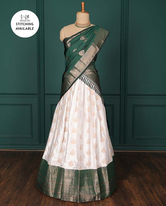 Cream zari buttas artsilk halfsaree, contrast traditional zari design border, jacquard blouse & intricate dhavani
