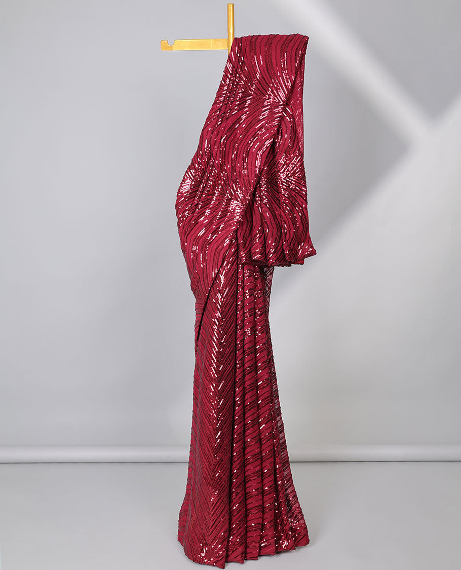 Borderless red sequins embroidered designer saree
