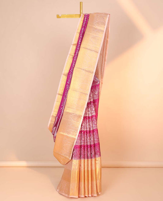 Pink jacquard kancheepuram wedding silk saree, contrast jaal pallu & border of thilakam mokku,muthu, floral & paisleys