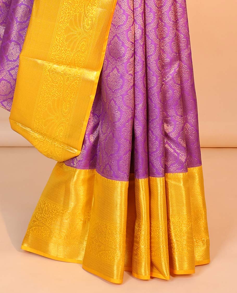 Purple jacquard kancheepuram wedding silk saree, contrast intricately zari woven  pallu & border of traditional designs 