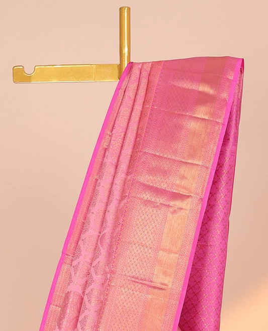 Pink jacquard kancheepuram wedding silk saree, contrast jaal pallu & border of thilakam,muthu,kathir,zari stripes & jaal