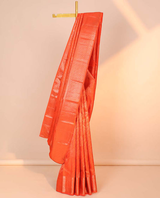 Orange jacquard kancheepuram wedding silksaree, intricate pallu & border of traditional designs 