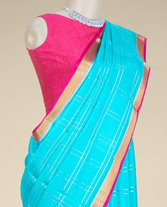 Green checked design mysore silk saree, contrast traditional design zari border