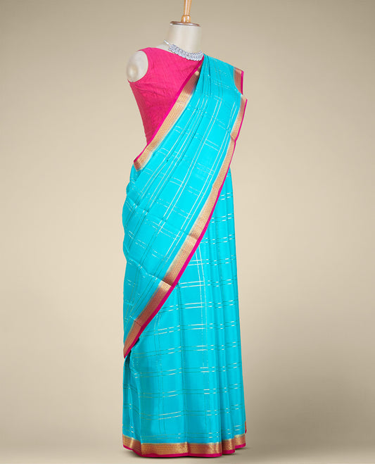Green checked design mysore silk saree, contrast traditional design zari border