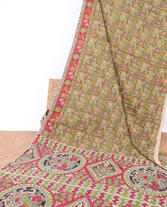 Green floral vine machine-printed kalamkari cotton saree, contrast floral border & intricately printed pallu