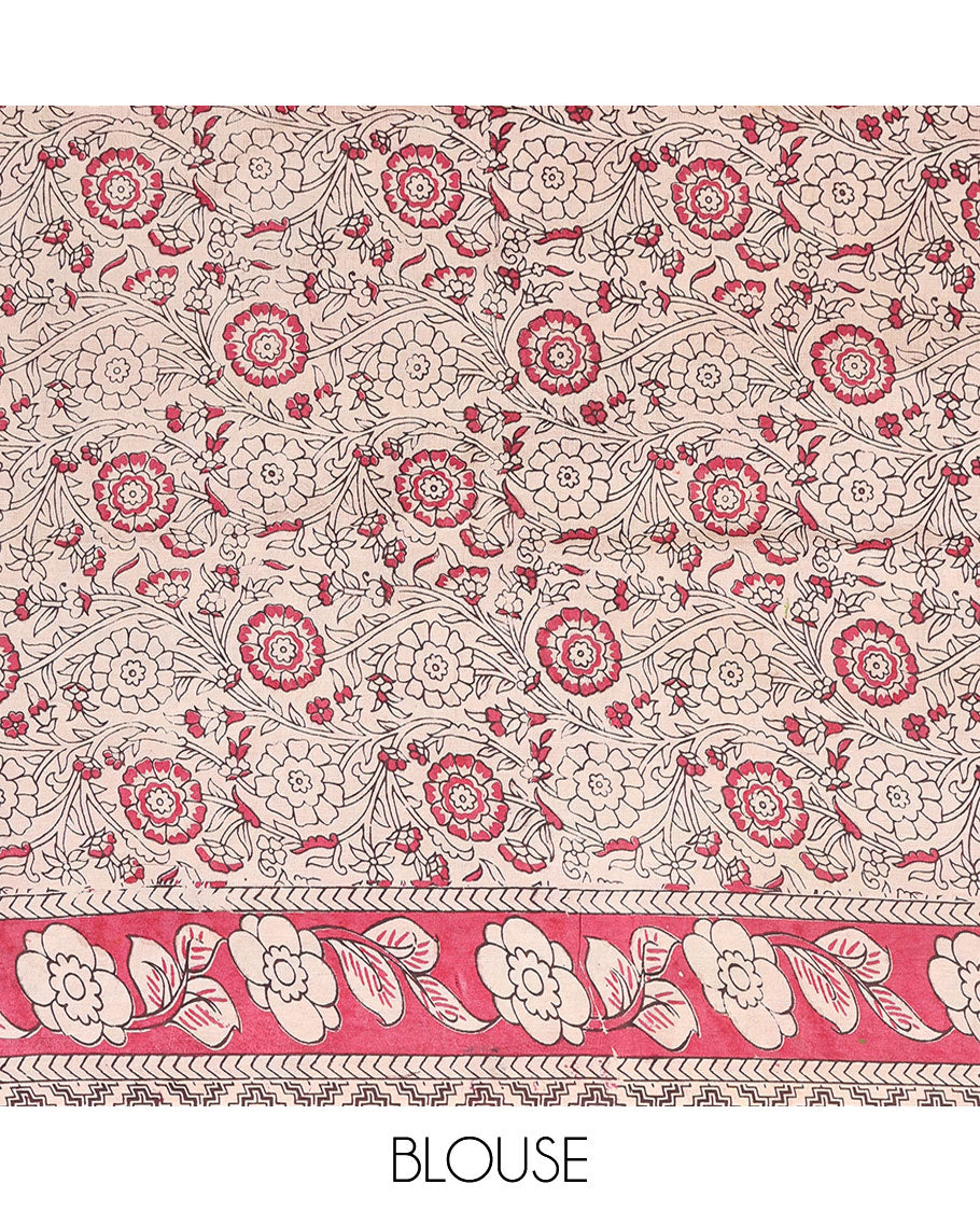 Green floral vine machine-printed kalamkari cotton saree, contrast floral border & intricately printed pallu