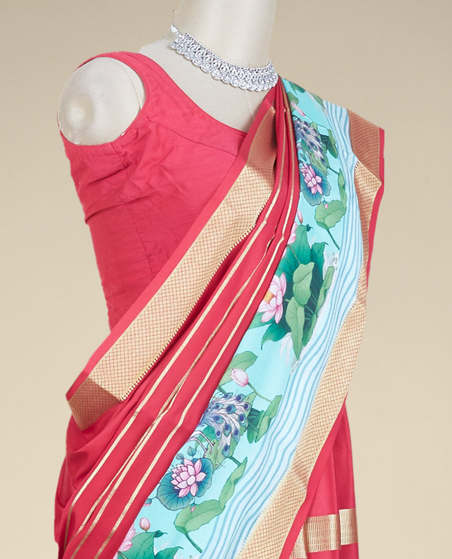 Red lotus motifs printed mysore silk saree with zari designs, traditional design zari border
