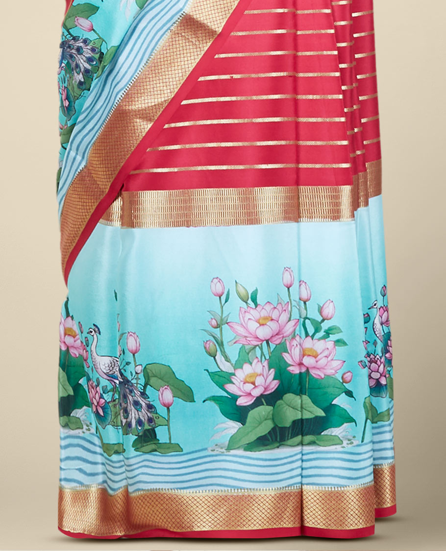 Red lotus motifs printed mysore silk saree with zari designs, traditional design zari border