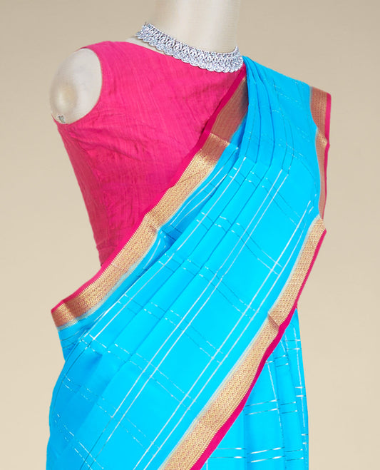 Blue checked design mysore silk saree, contrast traditional design zari border