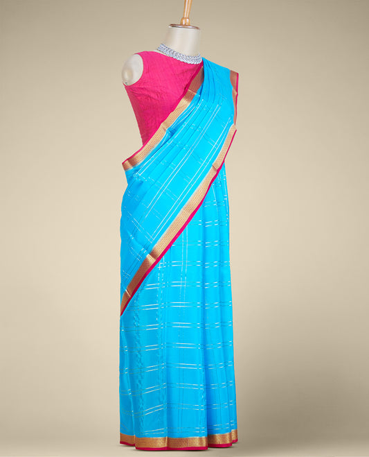 Blue checked design mysore silk saree, contrast traditional design zari border