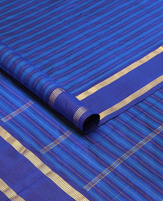 Blue striped ten-yard saree, zari design pallu & rettai pettu border of muthu designs