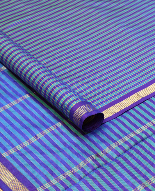 Multi-color checked design ten-yard saree, zari striped pallu & zari border of muthu designs