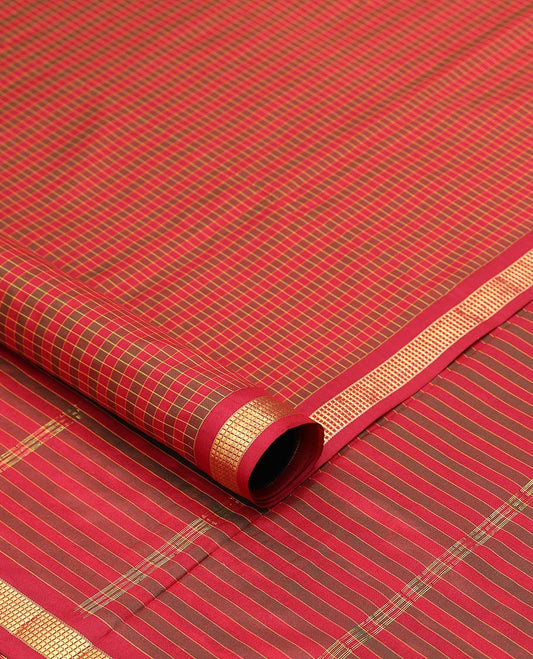 Multi-color checked design ten-yard saree, zari striped pallu & zari border of muthu designs