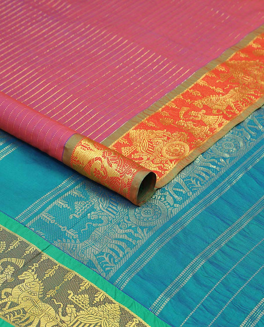Pink striped ten-yard saree, contrast border & pallu features wedding-themed designs
