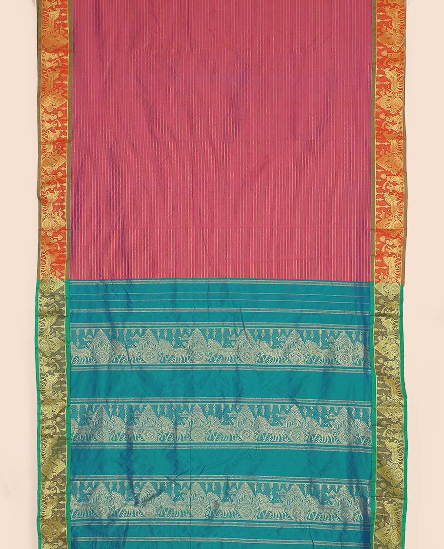 Pink striped ten-yard saree, contrast border & pallu features wedding-themed designs