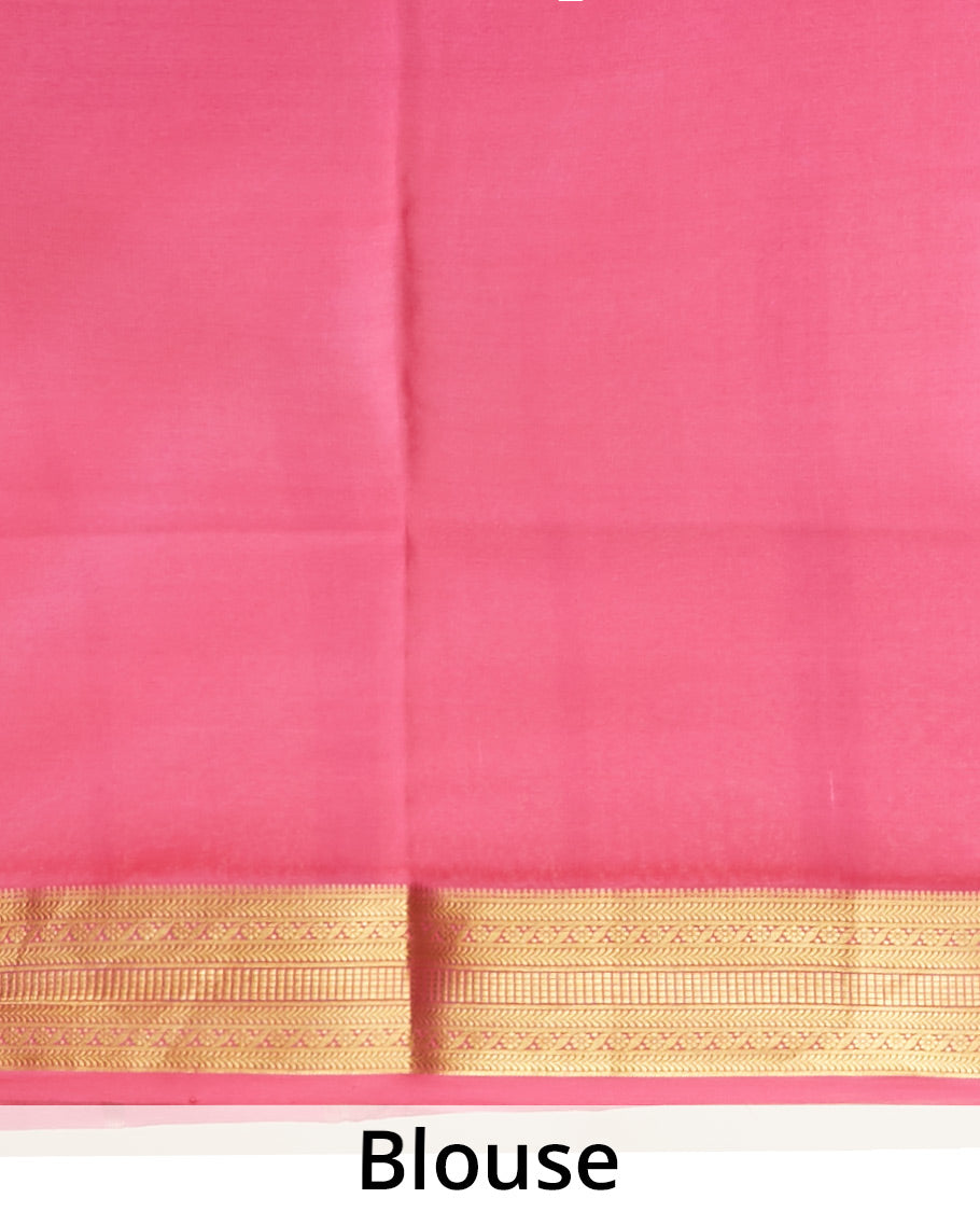Pink floral vine printed mysore silk saree, contrast floral printed border steeped with traditional designs