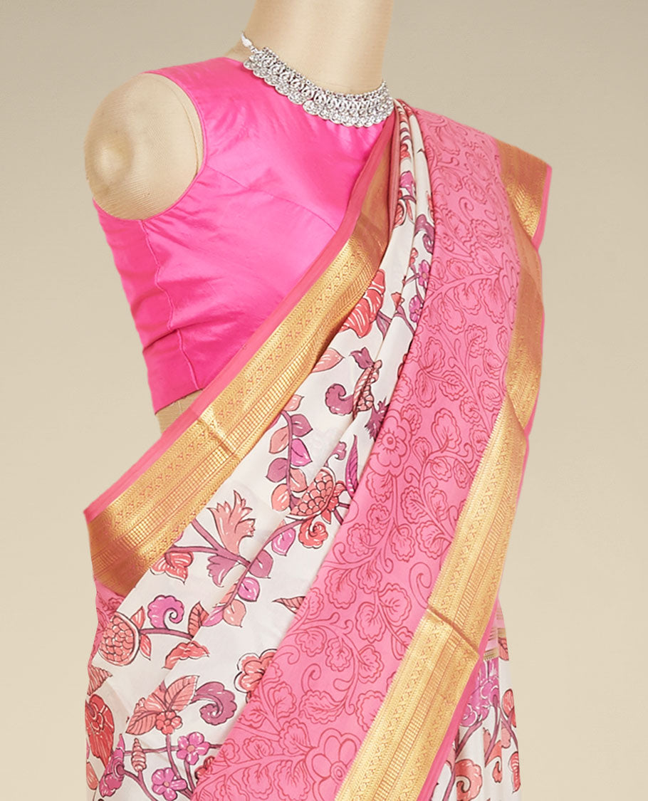 Pink floral vine printed mysore silk saree, contrast floral printed border steeped with traditional designs