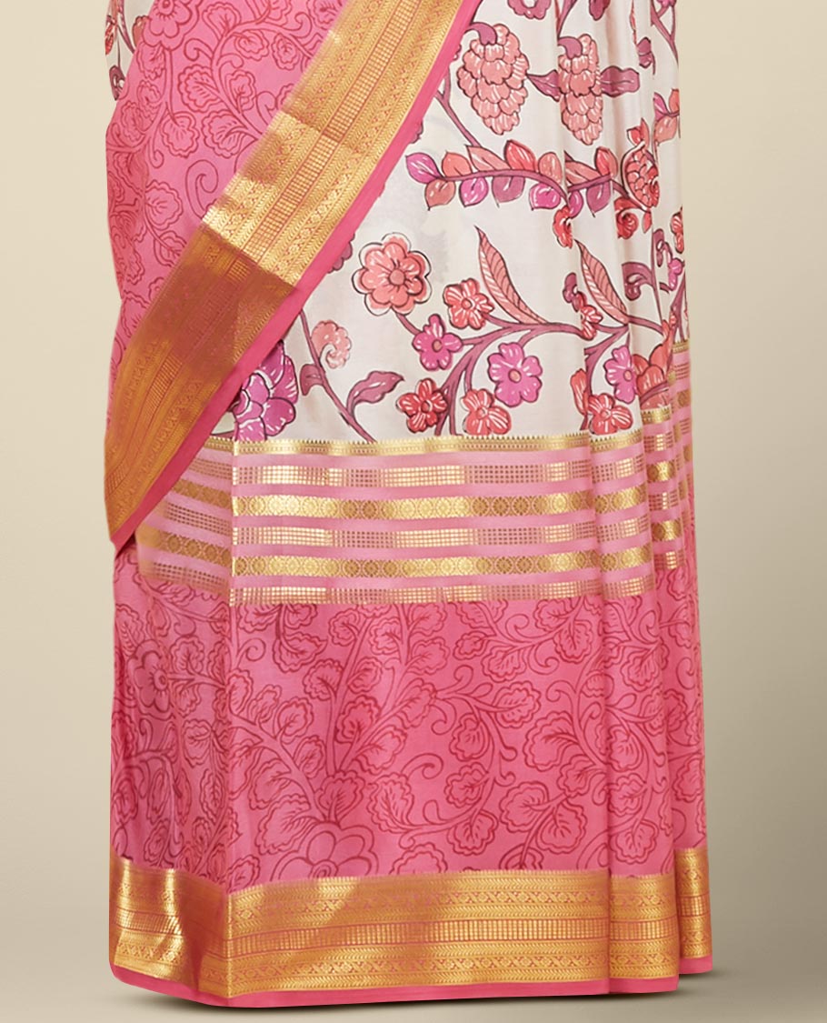 Pink floral vine printed mysore silk saree, contrast floral printed border steeped with traditional designs