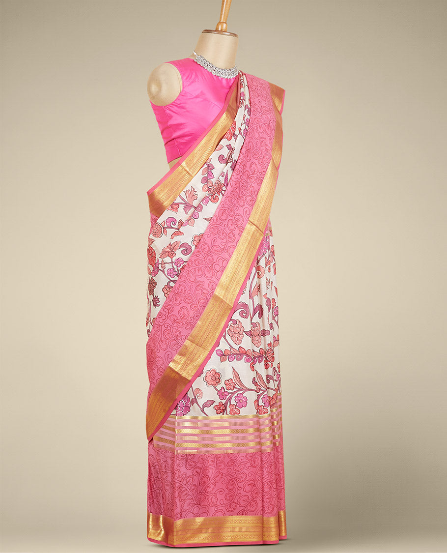 Pink floral vine printed mysore silk saree, contrast floral printed border steeped with traditional designs