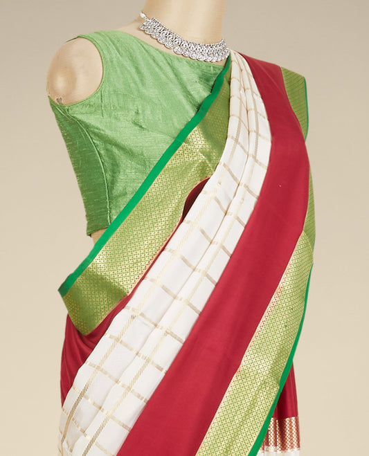 Red & cream zari checked Mysore silk saree, contrast traditional zari design border