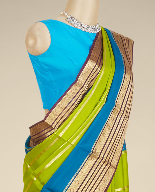 Green mysore silk saree with zari designs, contrast border steeped with traditional zari designs