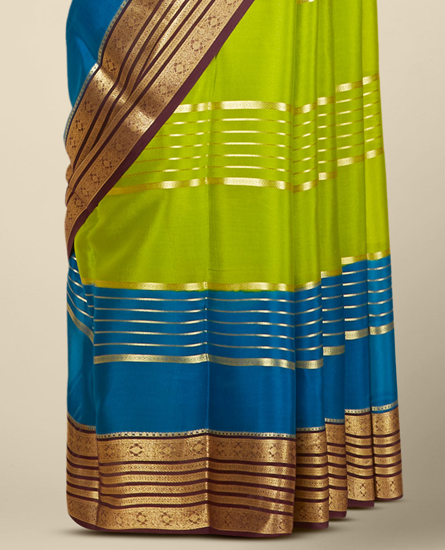 Green mysore silk saree with zari designs, contrast border steeped with traditional zari designs