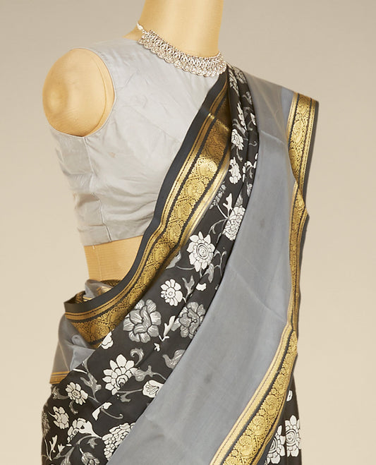 Black floral vine printed mysore silk saree, contrast rettai pettu traditional zari design border