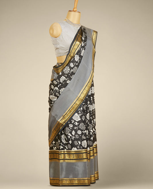 Black floral vine printed mysore silk saree, contrast rettai pettu traditional zari design border