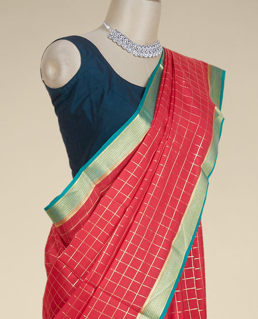 Red zari checked design Mysore silk saree, contrast traditional zari design border