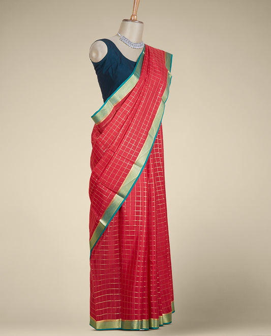 Red zari checked design Mysore silk saree, contrast traditional zari design border