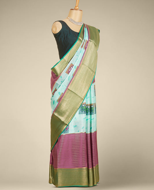 Multi-color pichwai lotus motifs printed mysore silk saree with zari designs, contrast traditional zari design border