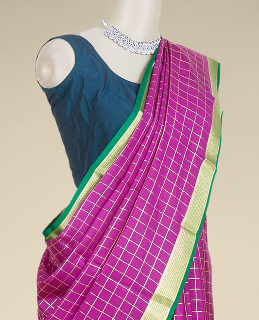 Purple zari checked design mysore silk saree, contrast traditional zari design border