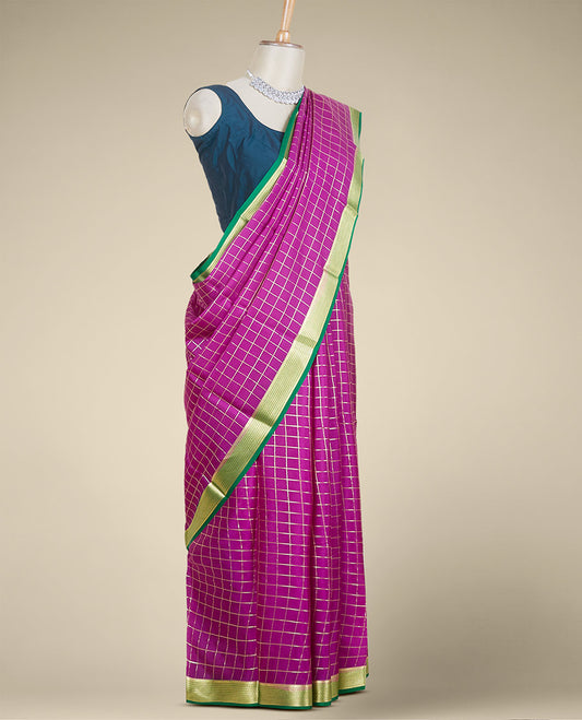 Purple zari checked design mysore silk saree, contrast traditional zari design border