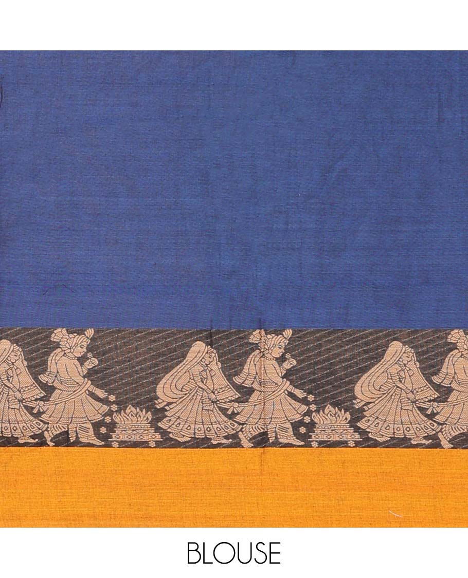 Blue plain art-silk saree, contrast wedding-themed motif border, blouse & contrast dhavani