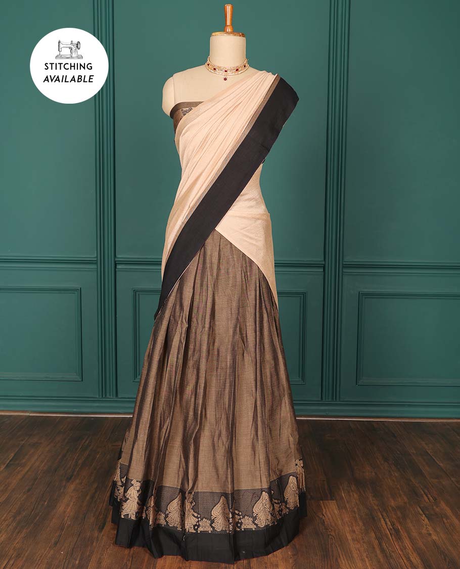 Brown plain art-silk saree, contrast wedding-themed motif border, blouse & contrast dhavani