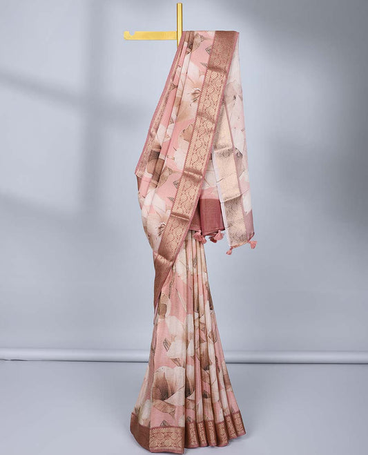 Pink floral printed semi-banaras tissue saree, contrast traditional zari design border