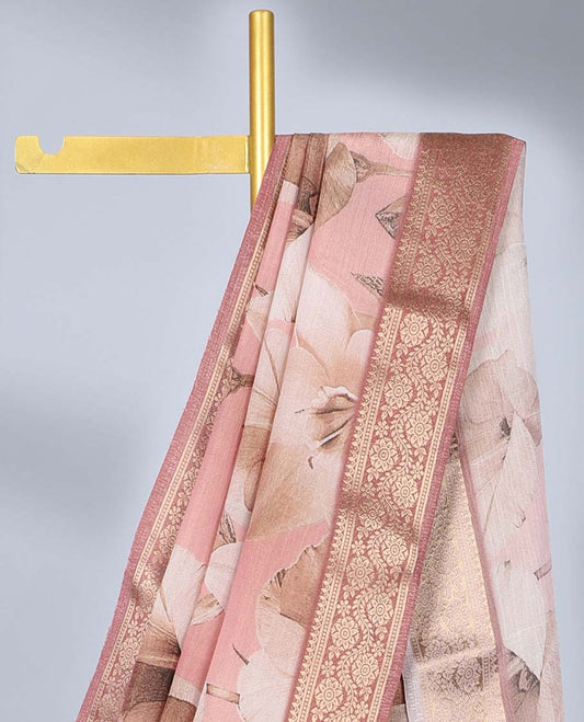 Pink floral printed semi-banaras tissue saree, contrast traditional zari design border